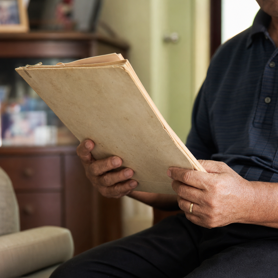 Hands holding a faded old policy folder
